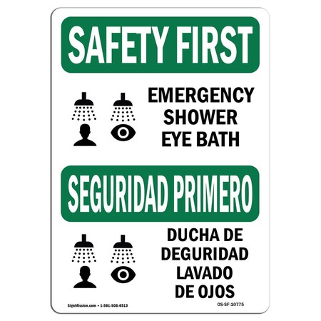 Signmission OSHA SAFETY FIRST, 5" Height, Decal, 7" x 5", Landscape, Emergency Shower Eye Bath Bilingual OS-SF-D-57-L-10775
